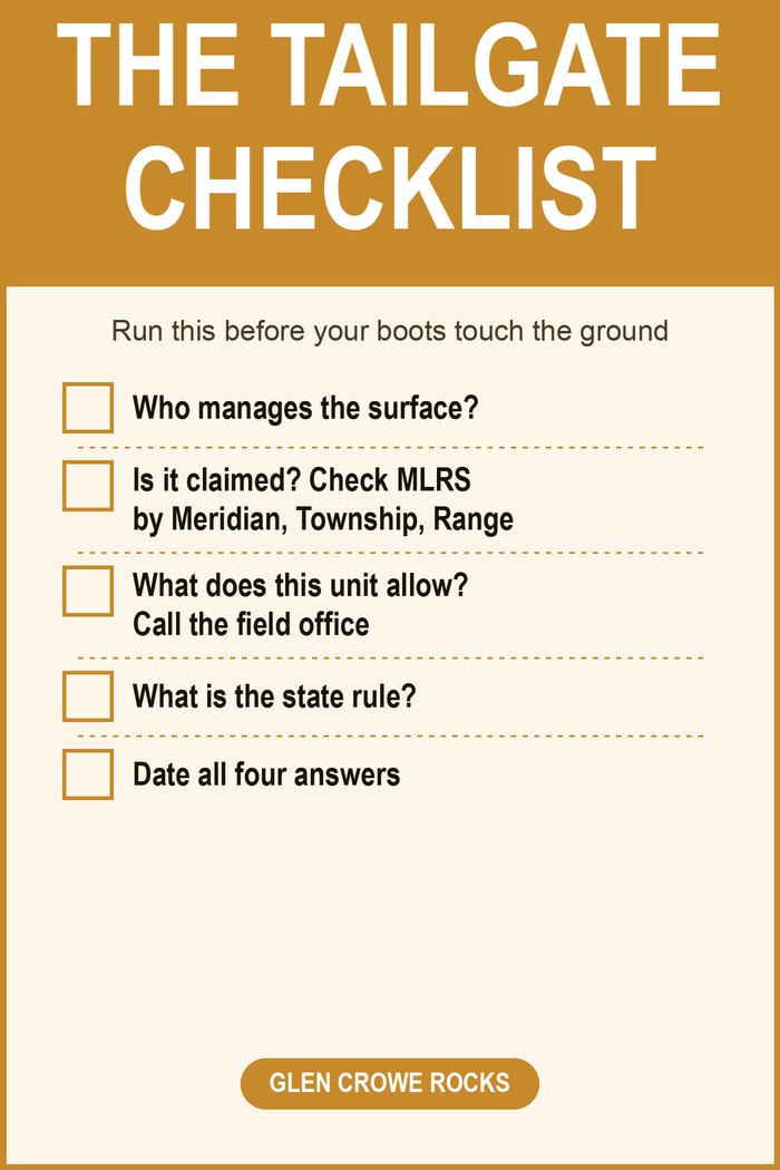 The Tailgate Checklist — the free pre-drive and pre-dig sequence, laid out to print black ink