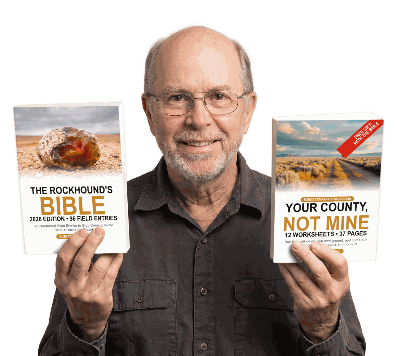 Presenter of the Glen Crowe Rocks channel holding The Rockhound's Bible and Your County, Not Mine